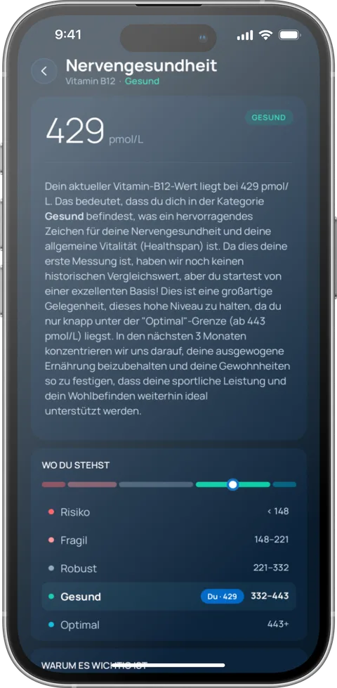 CHIRAYOU App: Detailansicht für Vitamin B12 mit Wert und verständlicher Erklärung