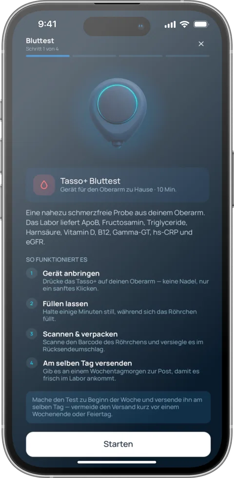 CHIRAYOU App: der geführte Bluttest-Ablauf, Schritt 1 von 4, mit dem Tasso+ Gerät