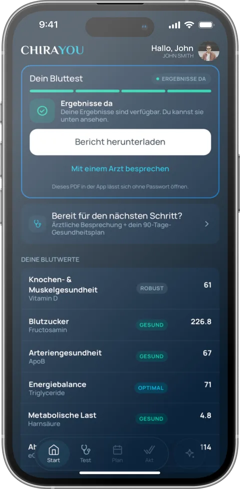 CHIRAYOU App: Startseite mit verfügbaren Ergebnissen, dem Report-Download und der Liste der Blutwerte mit ihrer Einstufung
